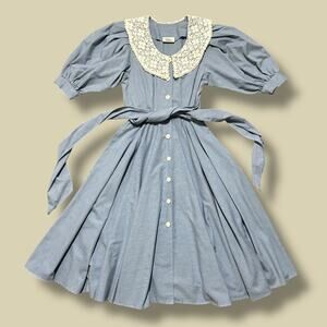 Vintage 80s Milanzo Prairie Dress Peter Pan Lace Collar Puff Sleeve Chambray 7